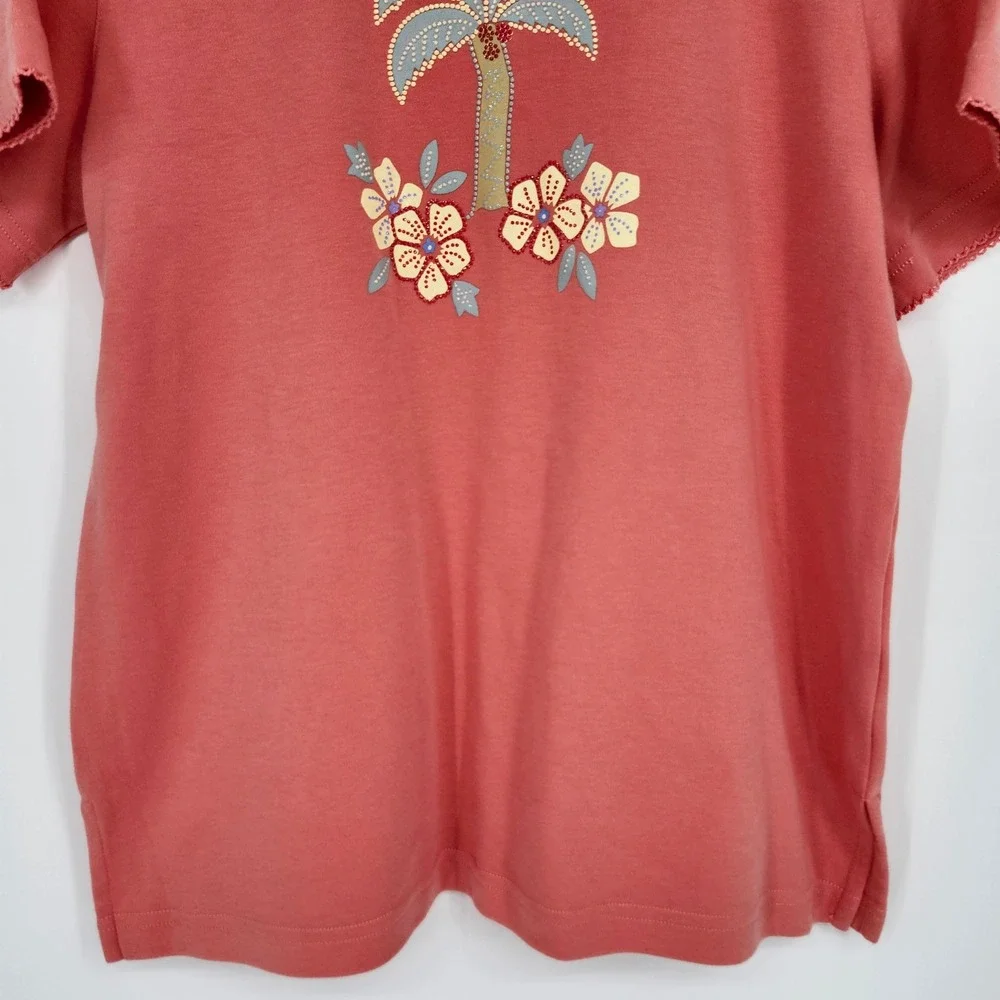 Alfred Dunner Womens Coral Pink Palm Tree Tropical Top Size M Coastal Grandma